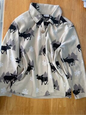 Cozy Moose-Print Fleece Button-Up Jacket - Cream